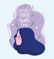 dia mundial da saúde mental, menina cabeça folha natureza lettering cartão vetor