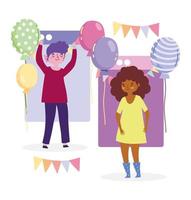 festa online, jovem desenho animado homem e mulher decoração de balões de site e celebração vetor
