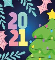 2021 feliz ano novo, números de desenhos animados de árvores e folhas vetor