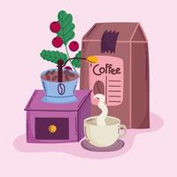 métodos de preparação de café, produto de moagem manual e bebida quente na xícara vetor