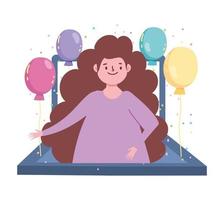 festa online, garota feliz em festa de laptop com balões vetor