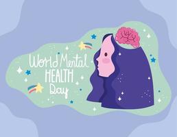 dia mundial da saúde mental, cérebro de mulher de perfil, desenho animado de estrelas de arco-íris de fantasia vetor