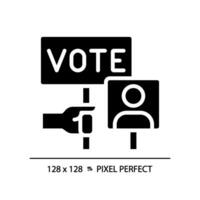 2d pixel perfeito glifo estilo ícone do mão segurando voto sinal, vetor ilustração representando votação, plano Projeto eleição símbolo.