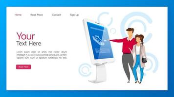modelo de vetor de página de destino de quiosque de informações. ideia de interface de site de exibição interativa com ilustrações planas. painel digital com layout de página inicial touchscreen. banner web de tecnologia inovadora
