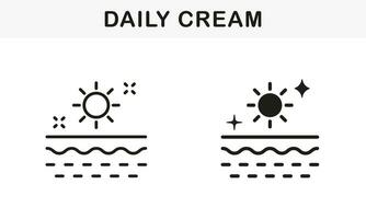 dia creme linha e silhueta Preto ícone definir. diariamente creme, espuma, gel, mousse, Sabonete pictograma. protetor solar, Sol quadra creme símbolo coleção. diariamente cuidados com a pele. isolado vetor ilustração.