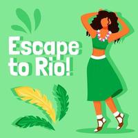 Maquete do post das redes sociais do carnaval brasileiro. escape para a frase rio. modelo de design de banner da web. impulsionador de viagem de país exótico, layout de conteúdo com inscrição. pôster, anúncios impressos e ilustração plana vetor