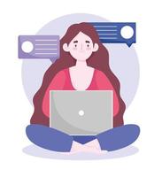 espaço de trabalho do escritório em casa, mulher sorridente usando um laptop, conversando, conversando vetor