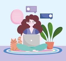 espaço de trabalho de escritório em casa, freelancer usando laptop com gato e planta no chão vetor