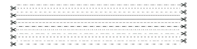 cortar linha ícone com tesoura, cortar aqui instrução, cupom traço símbolo com ponto. quadrado placa dentro Preto para papel, grampo silhueta, alfaiate cortar, e rasgar. plano vetor ilustrações isolado dentro fundo.