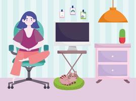 espaço de trabalho do escritório em casa, jovem sentada na sala da cadeira com a lâmpada do computador e um gato vetor