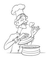 cozinhando chefe de cozinha cheirando brócolis delicioso Maravilhoso Panela cheiro esboço desenho animado vetor