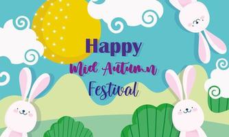 feliz festival de meados do outono, coelhos bonitos, natureza, bênçãos e felicidade vetor