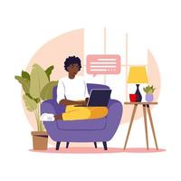 mulher africana sentada com o laptop na poltrona. ilustração do conceito para trabalhar, estudar, educação, trabalhar em casa. apartamento. ilustração vetorial. vetor