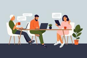 empresários trabalhando juntos. espaço de coworking com pessoas criativas ou de negócios sentadas à mesa. ilustração vetorial plana moderna. vetor