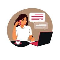 uma mulher trabalha em um laptop e fala ao telefone, sentada à mesa em casa com uma xícara de café e papéis. ilustração vetorial. apartamento. vetor