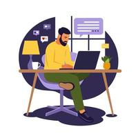 conceito de escritório em casa, homem trabalhando em casa. estudante ou freelancer. freelance ou estudando o conceito. ilustração vetorial. estilo simples. vetor