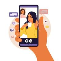 mão segurando o smartphone conversando com um amigo durante a chamada de vídeo. página de destino. videoconferência com colega, discussão à distância. ilustração vetorial. estilo simples. vetor