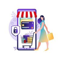 mulheres que fazem compras online no celular. pagamento da loja online. cartões de crédito bancários, pagamentos online seguros e faturas financeiras. carteiras para smartphones, tecnologia digital paga. ilustração vetorial plana. vetor