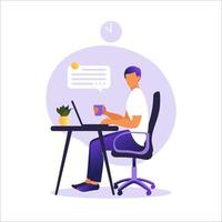 homem sentado à mesa com o laptop. trabalhando em um computador. freelance, educação online ou conceito de mídia social. freelance ou estudando o conceito. estilo simples. ilustração vetorial. vetor