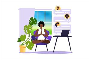 conceito freelancer mulher africana praticando ioga e meditação em casa. a menina se senta em posição de lótus, o processo de pensamento, o início e a busca de ideias. gerenciamento de tempo. vetor. vetor