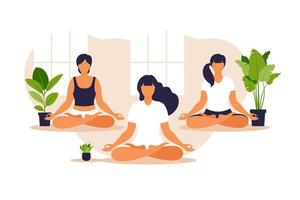 grupo de ioga. equilíbrio de posição e alongamento. pessoas sentadas juntas na posição de lótus, elas estão praticando a meditação da atenção plena e ioga, estilo de vida saudável e conceito de espiritualidade. vetor. vetor