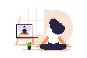 conceito online de ioga com uma mulher africana fazendo exercícios de ioga em casa com um instrutor online. bem-estar e estilo de vida saudável em casa. mulher fazendo exercícios de ioga. ilustração vetorial. vetor