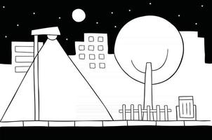 ilustração em vetor desenho animado da cena da cidade à noite, lâmpada de rua, árvore, edifícios, estrelas e lua cheia