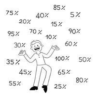 homem dos desenhos animados muito feliz porque há uma grande quantidade de ilustração vetorial de desconto vetor