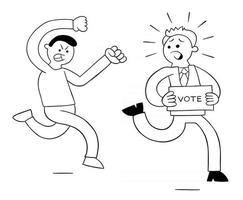desenho animado homem zangado perseguindo políticos que querem votos ilustração vetorial vetor