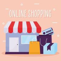 letras de compras online e um conjunto de ícones da loja online em um fundo rosa claro vetor