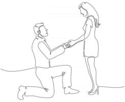 desenho de linha contínua de um homem de joelhos segurando uma ilustração vetorial de mão de mulher vetor
