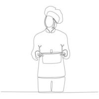 desenho de linha contínua de chef feminino com wok carregando ilustração vetorial vetor