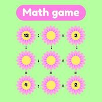 ilustração vetorial. jogo de matemática para crianças em idade pré-escolar e escolar. conte e insira os números corretos. divisão. clareira com flores rosa. vetor