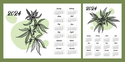 calendário disposição para 2024. cânhamo folhas dentro a estilo do linha arte. uma natural verde plantar. botânico ilustração vetor