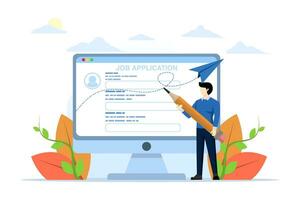 conectados trabalho inscrição conceito, carreira ou trabalho inscrição forma, candidato recrutamento, trabalho procurar ou currículo e cv documento carregar, homem de negocios segurando lápis o preenchimento computador trabalho inscrição forma. vetor
