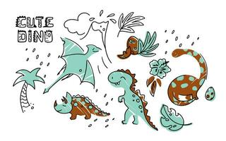 conjunto do ilustraciones uísque fofa dinossauros, erupções vulcões, exótico plantas. crianças imprimir. vetor