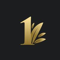 logotipo dourado número um com folhas de ouro. vetor