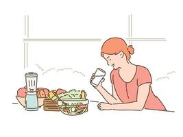 uma mulher está bebendo água e uma salada está na mesa. mão desenhada estilo ilustrações vetoriais. vetor