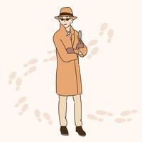 um detetive vestindo um casaco e segurando uma lente de aumento. mão desenhada estilo ilustrações vetoriais. vetor