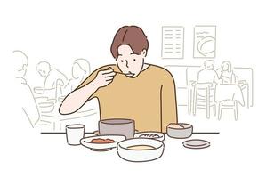 um homem está comendo em um restaurante coreano. mão desenhada estilo ilustrações vetoriais. vetor