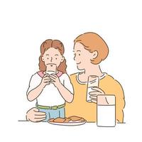 uma mãe faz sua filha beber leite antes de comer biscoitos. mão desenhada estilo ilustrações vetoriais. vetor