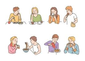 as pessoas estão comendo alimentos diferentes. mão desenhada estilo ilustrações vetoriais. vetor