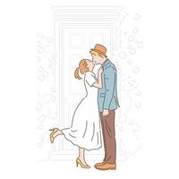 lindo casal beijando no jardim romântico. mão desenhada estilo ilustrações vetoriais. vetor