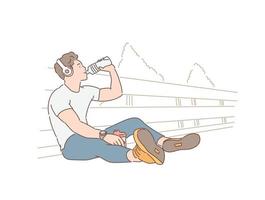 um homem está sentado no chão com um fone de ouvido e bebendo água. mão desenhada estilo ilustrações vetoriais. vetor