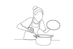 solteiro contínuo linha desenhando do mulher é verificação Comida é cozinhou ou não. saudável Comida conceito 1 linha desenhando Projeto vetor minimalismo ilustração.