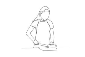 solteiro contínuo linha desenhando do mulher é corte pepino. saudável Comida conceito 1 linha desenhando Projeto vetor minimalismo ilustração.