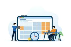 o negócio planejamento conceito, o negócio equipe trabalhando com digital conectados calendário, planejamento agendar, deixando notas, gerir e organizar trabalhos e tempo. Tempo gerenciamento. plano vetor ilustração.