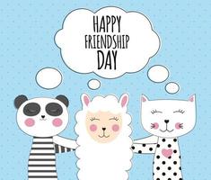 pequeno bonito lhama, panda e gato. conceito de melhor amigo. feliz Dia da Amizade. ilustração vetorial vetor