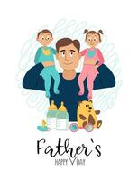 feliz pai com dele filho e filha dentro dele braços, vetor plano ilustração. do pai dia