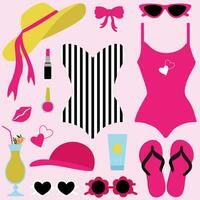 vetor retro bikini clipart com roupa de banho, oculos de sol e giro flops